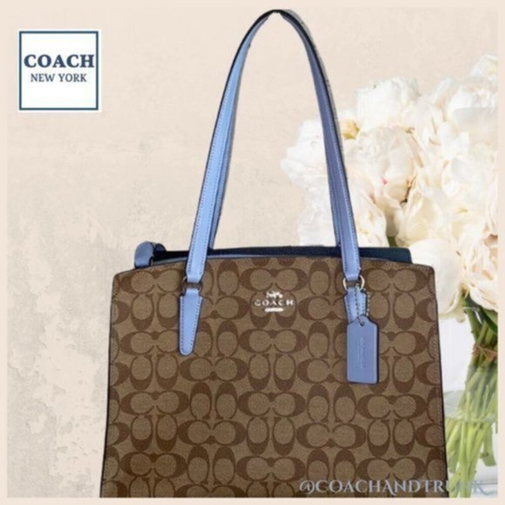 Coach Brown Signature Tote with Light Blue Trim